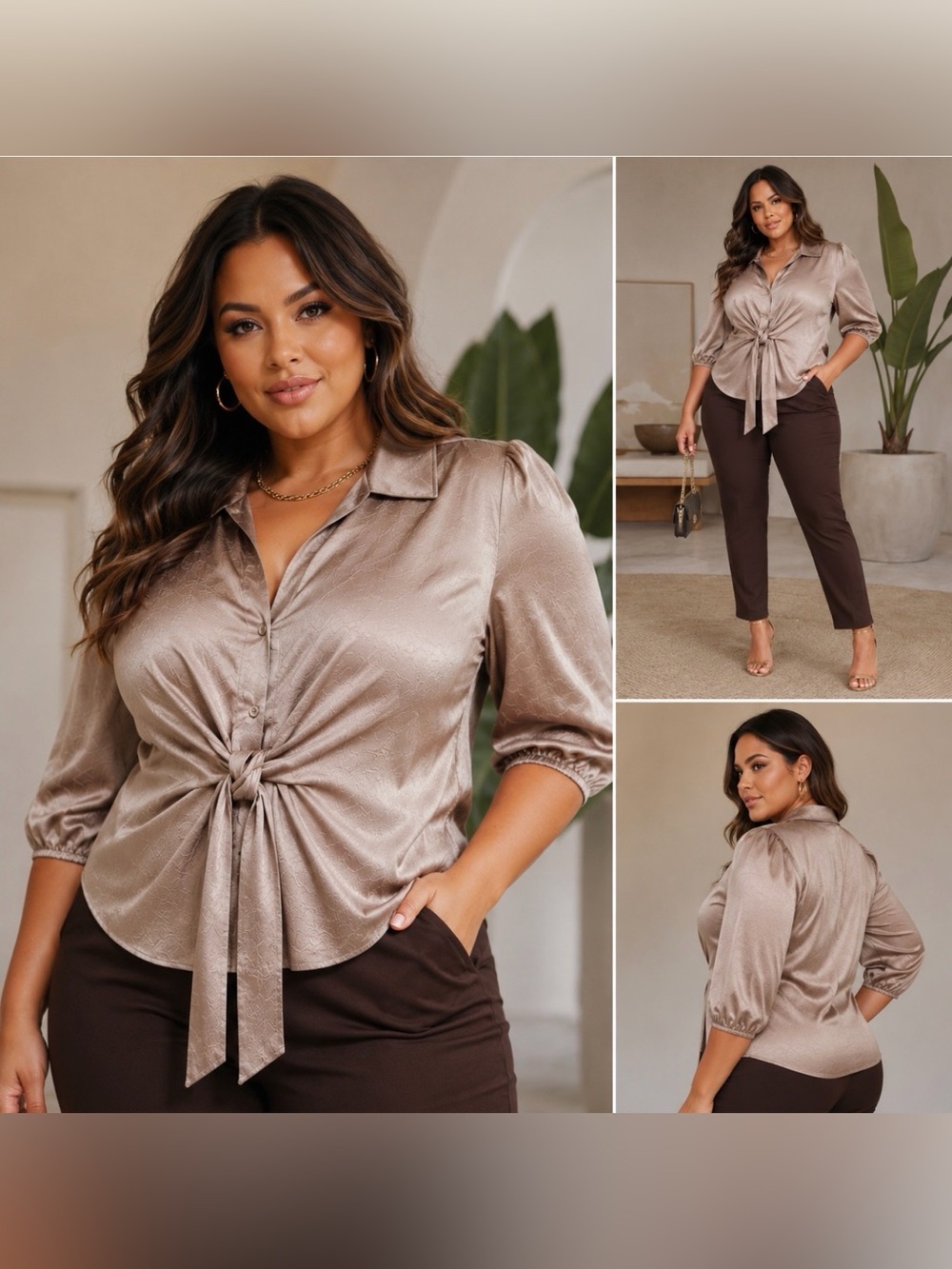 NWT Plus Size 5th Culture Taupe Satin Tie-Front Blouse - Women Tops Blouses